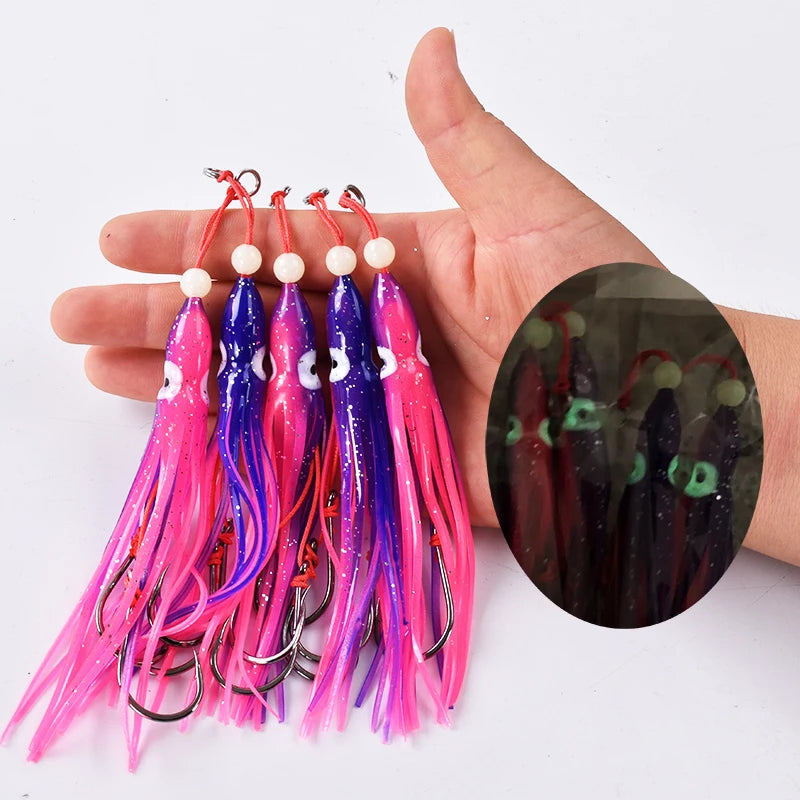 6-Piece Soft Squid Assist Hook Set – 12 cm / 5.5 g Silicone Skirt Rigs (15# Double Hooks, Saltwater)