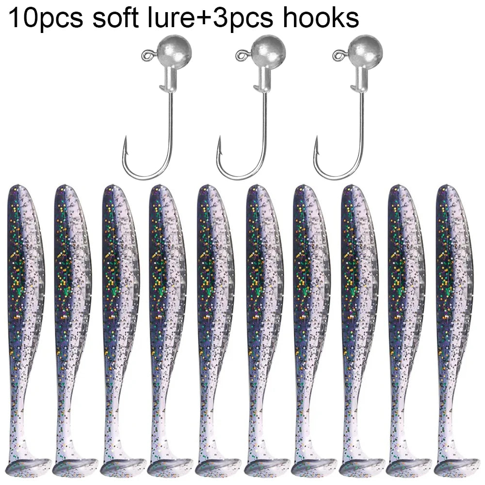 Soft Plastic Lure Kit | 10pcs T-Tail Worms + 3 Jig Heads | 5.5cm–10cm Swimbait Set