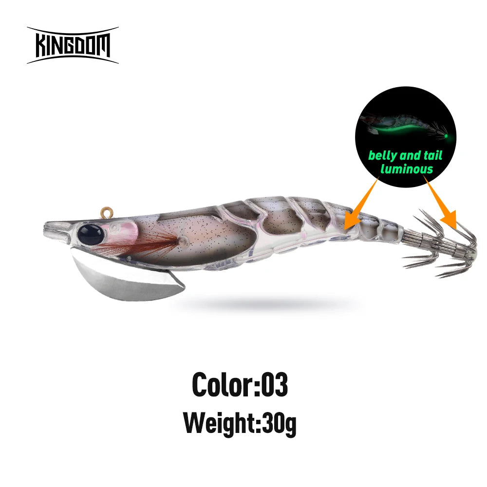 Kingdom EGI Squid Jig | Slow-Sinking Luminous Squid Lure | Wood Shrimp Style | Sizes 1.8–3.5
