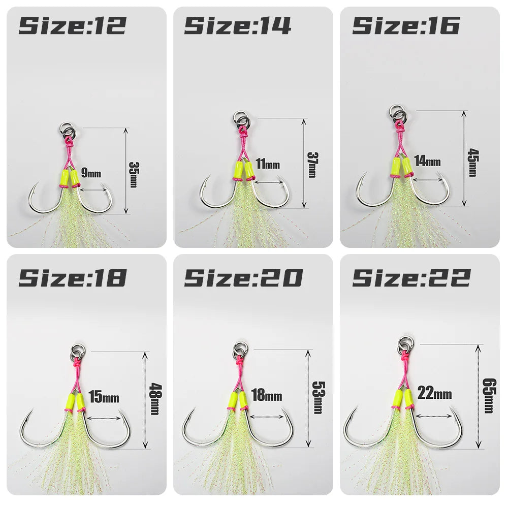 10 Pcs Double-Barbed Feathered Assist Hooks – Twin Jigging Hooks (Sizes 20# & 22#)