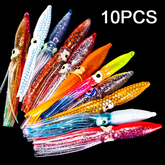 10pcs Soft Squid Lure Set | 8cm Octopus Skirt Baits | Offshore & Saltwater Fishing