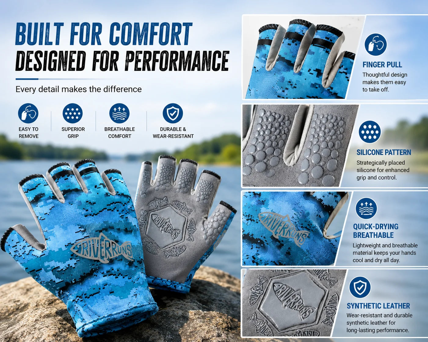 UPF 50+ Fingerless Fishing Gloves | Lightweight Sun Protection Gloves | Non-Slip Grip
