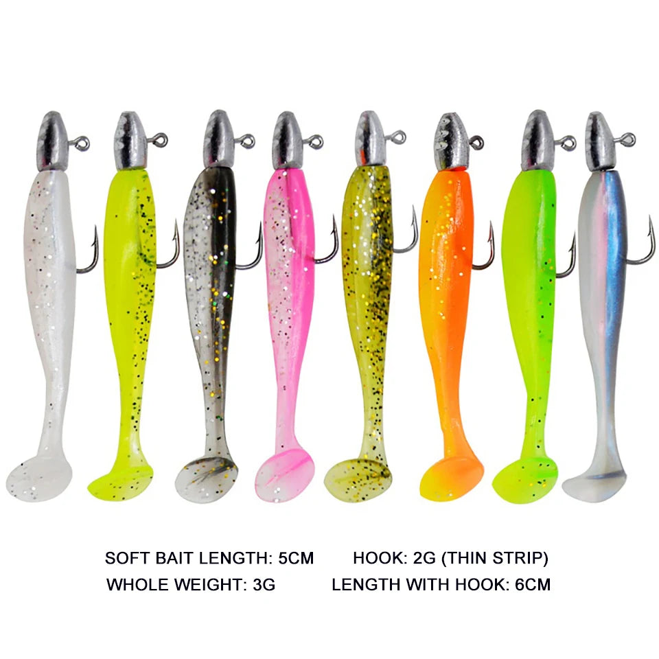 5pcs T-Tail Soft Lure Set with Jig Heads | Paddle Tail Swimbaits | Pre-Rigged Fishing Lures