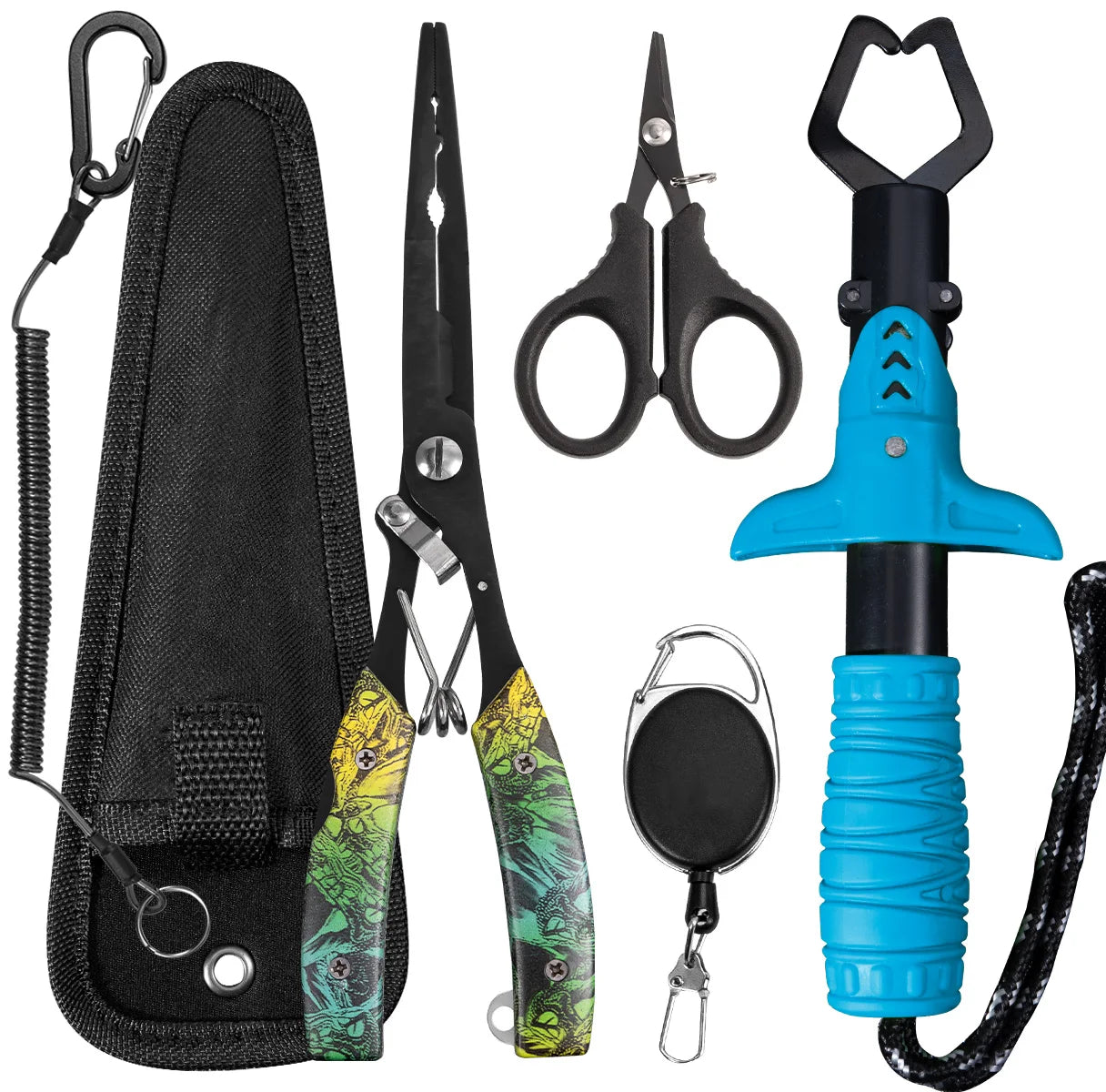 Complete Fishing Tool Kit | Fish Gripper, Fishing Scissors, Lip Gripper, Lanyard & Carry Pouch
