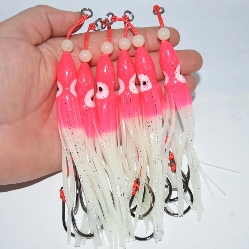 6-Piece Soft Squid Assist Hook Set – 12 cm / 5.5 g Silicone Skirt Rigs (15# Double Hooks, Saltwater)