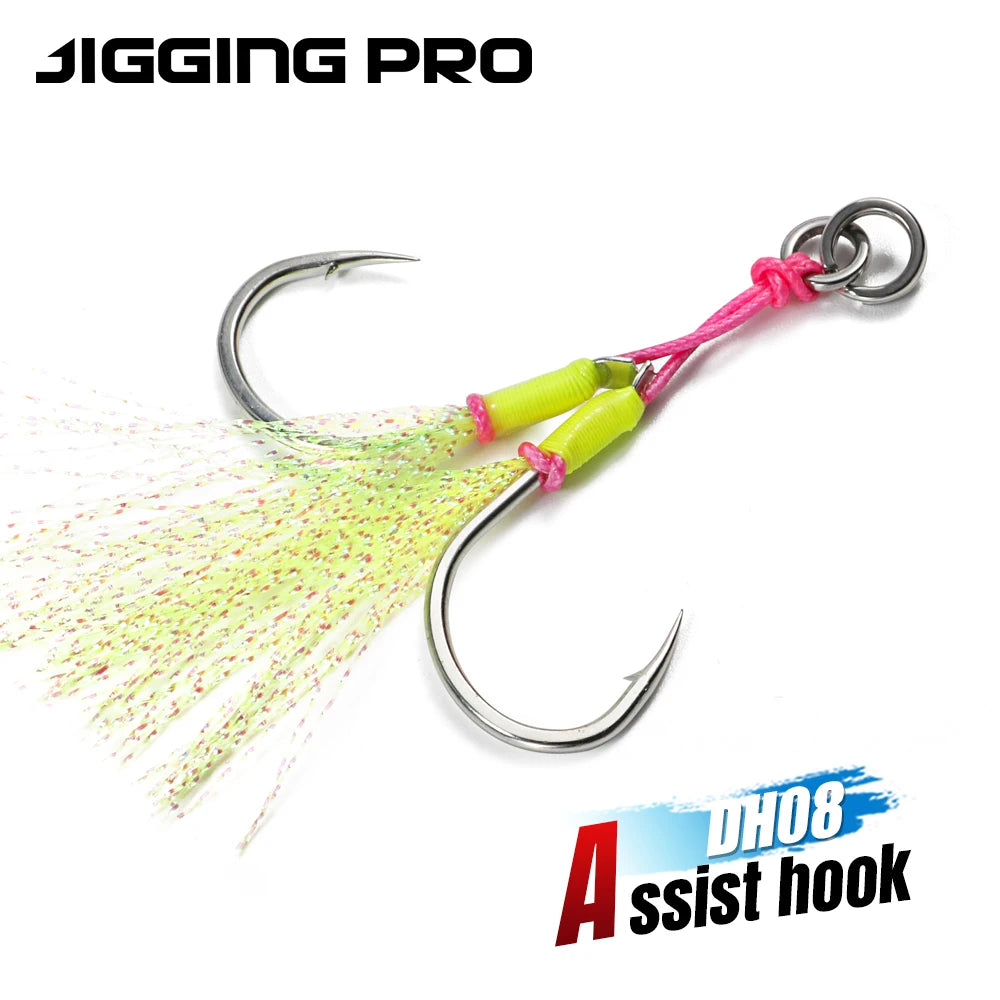 10 Pcs Double-Barbed Feathered Assist Hooks – Twin Jigging Hooks (Sizes 20# & 22#)