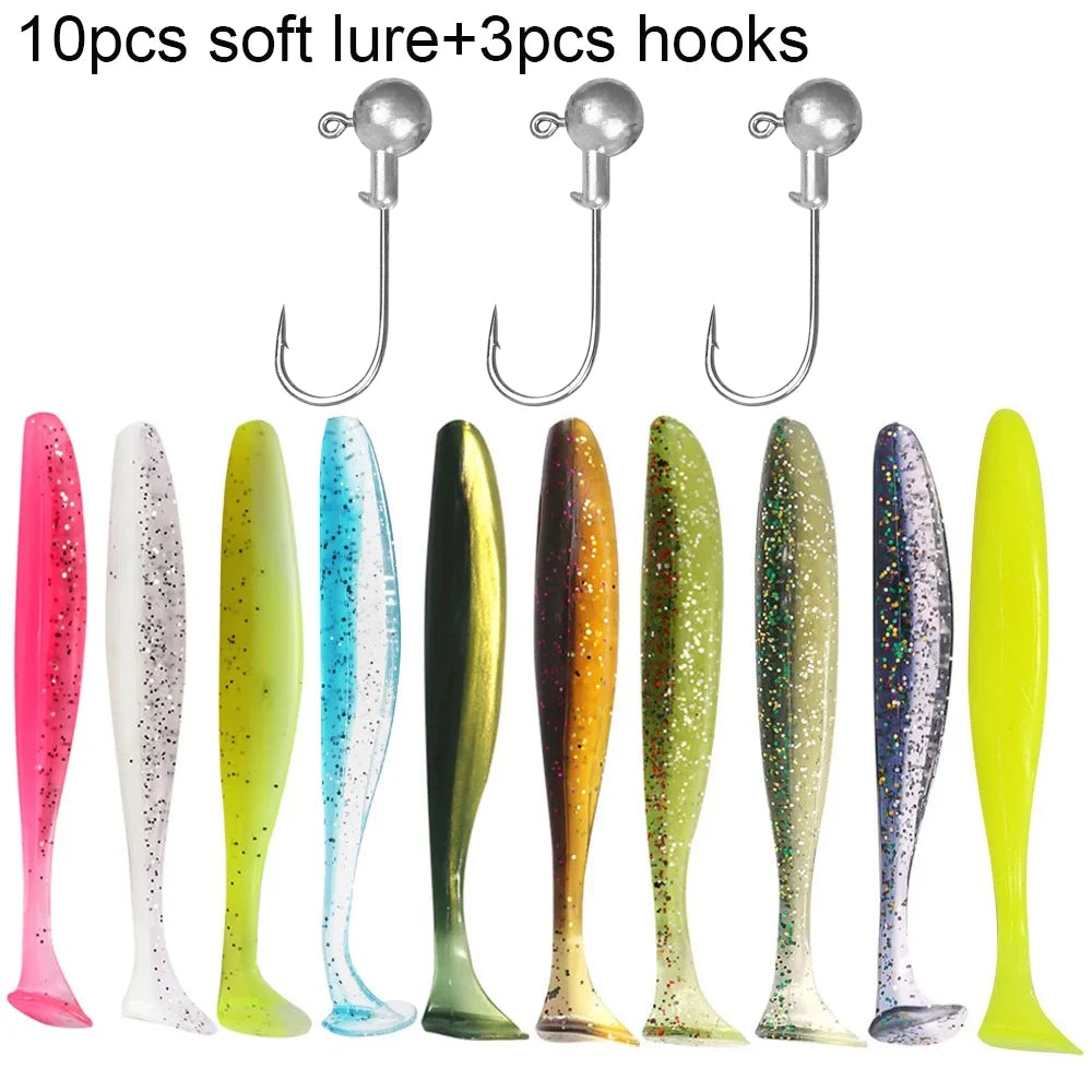 Soft Plastic Lure Kit | 10pcs T-Tail Worms + 3 Jig Heads | 5.5cm–10cm Swimbait Set