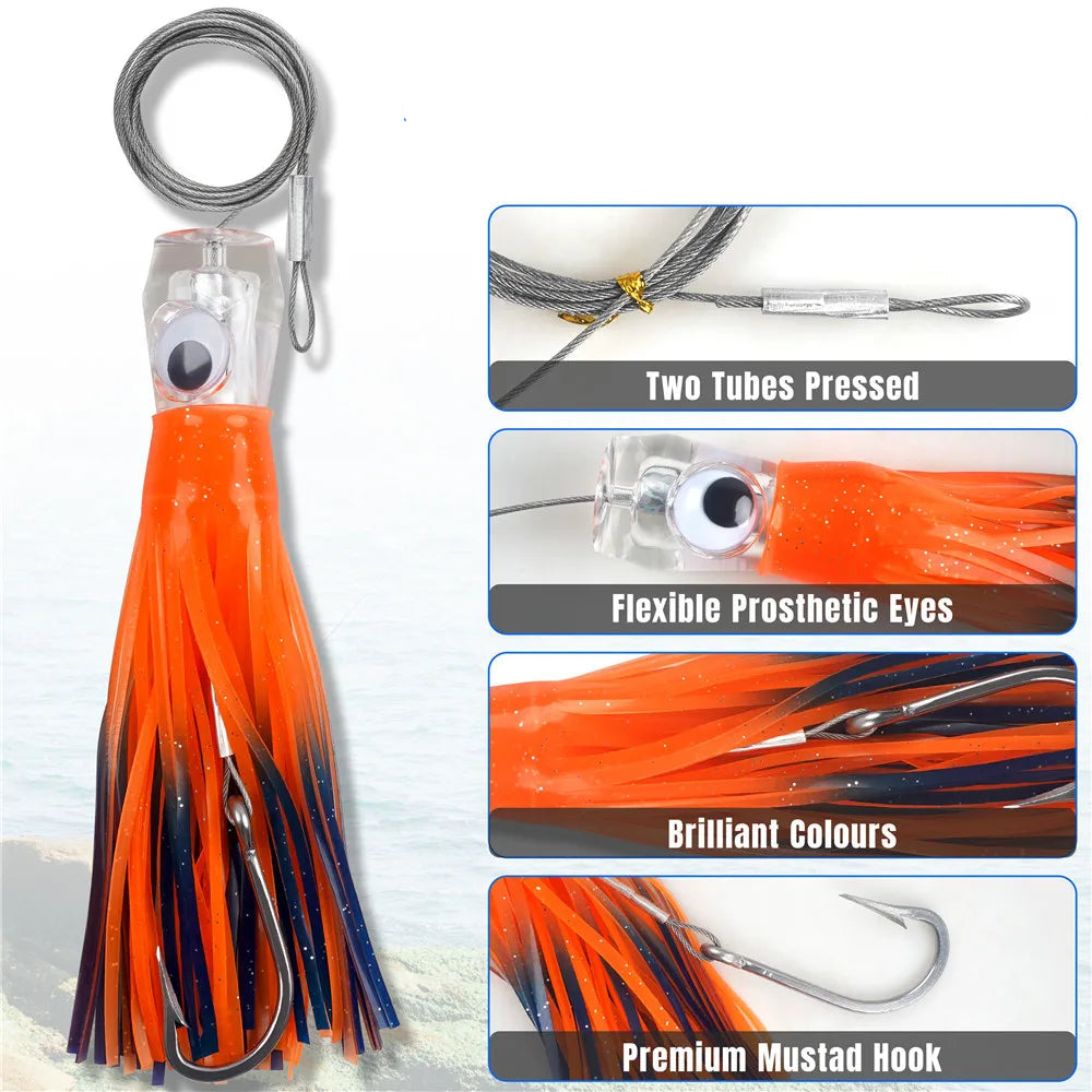 6-Piece Big Game Trolling Skirt Lure Set – 6” & 9” Lures with 7/0 Hooks & 150 lb Leader