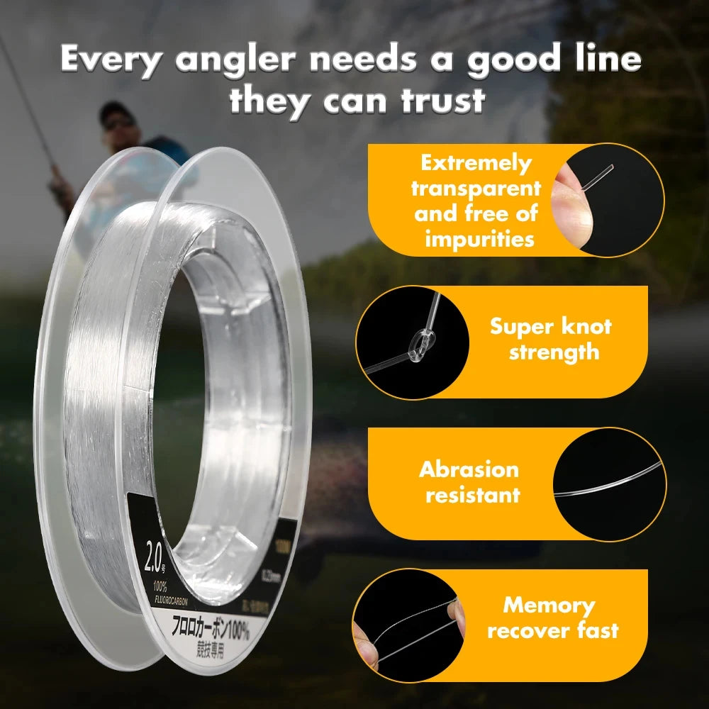 99% Fluorocarbon Fishing Line – 6–24 lb Leader (High Strength, Fast Sinking & Invisible Underwater)