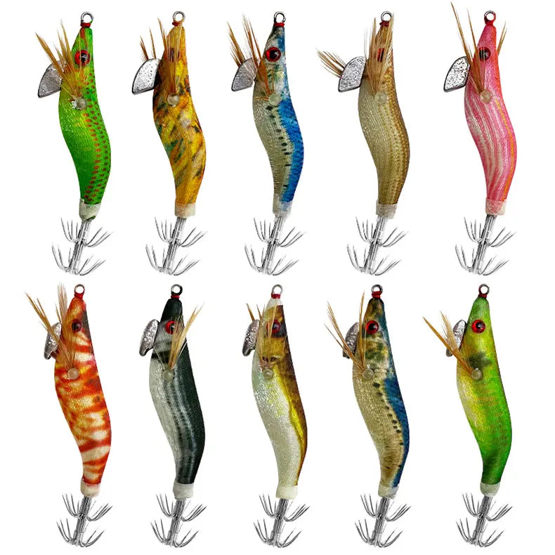 ShareShark Luminous Wooden Shrimp Squid Jigs | 10-Pack | 3D Eye Hard Squid Lures