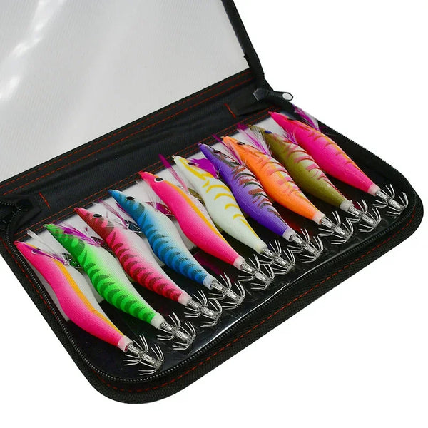Squid & Cuttlefish Jig Set (10-Pack) | 3.5# | 19.5g | Luminous Octopus Shrimp Jigs with 3D Eyes