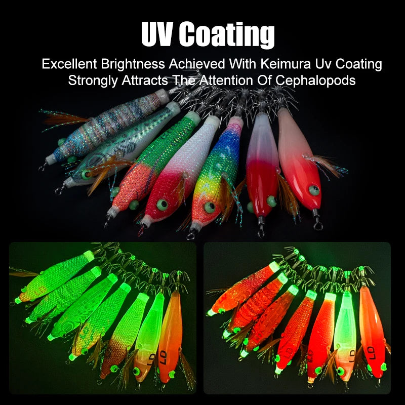 LEYDUN Wooden Squid Jigs Set (14-Pack) | Horizontal Shrimp Body | Luminous Eyes | BKK Hooks | Squid & Cuttlefish Lures