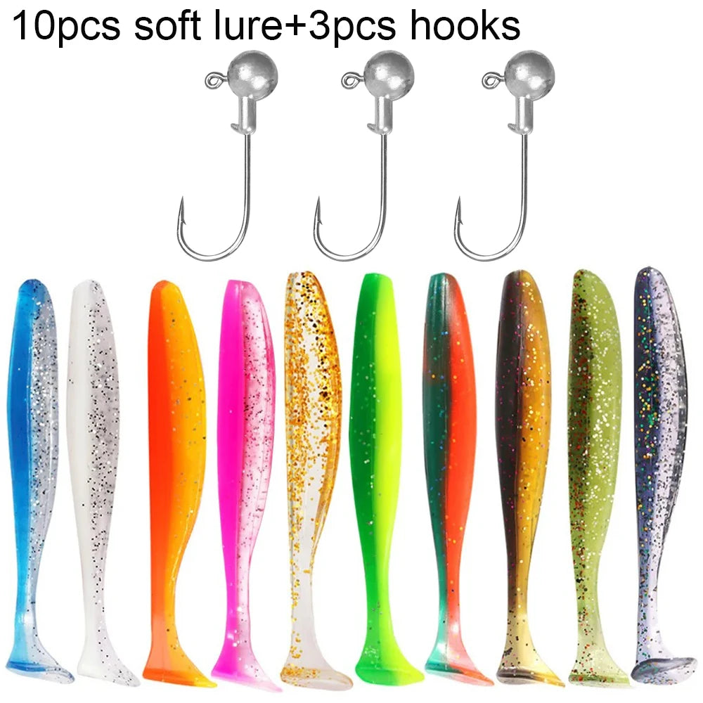 Soft Plastic Lure Kit | 10pcs T-Tail Worms + 3 Jig Heads | 5.5cm–10cm Swimbait Set