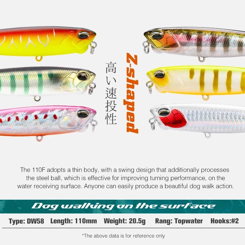 TSURINOYA DW58 Topwater Pencil Lure | 110mm 20.5g Floating Walk-the-Dog Stickbait