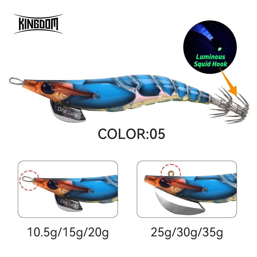 Kingdom EGI Squid Jig | Slow-Sinking Luminous Squid Lure | Wood Shrimp Style | Sizes 1.8–3.5