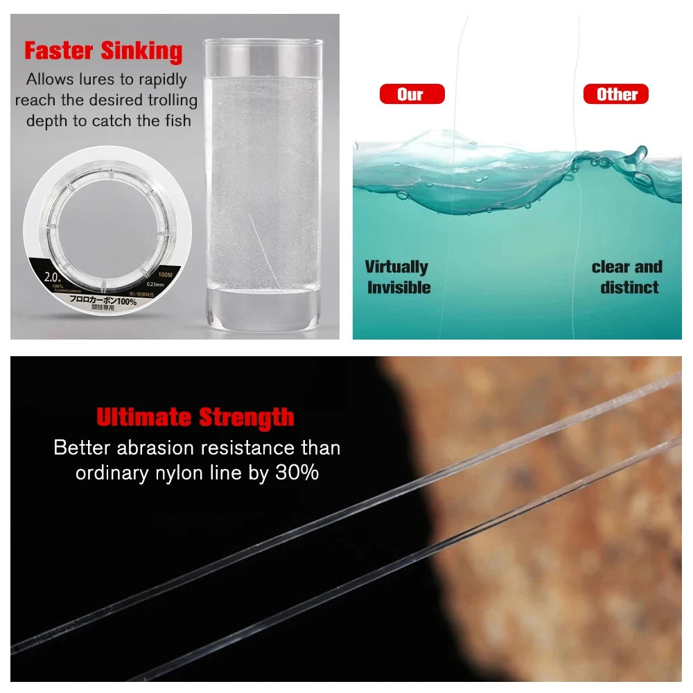 99% Fluorocarbon Fishing Line – 6–24 lb Leader (High Strength, Fast Sinking & Invisible Underwater)