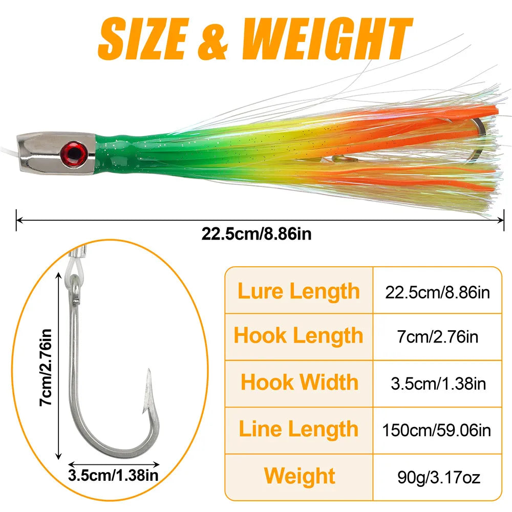 90g Skirted Trolling Jig Head Lure | Big Game Octopus Skirt | Offshore Marlin & Tuna Lure