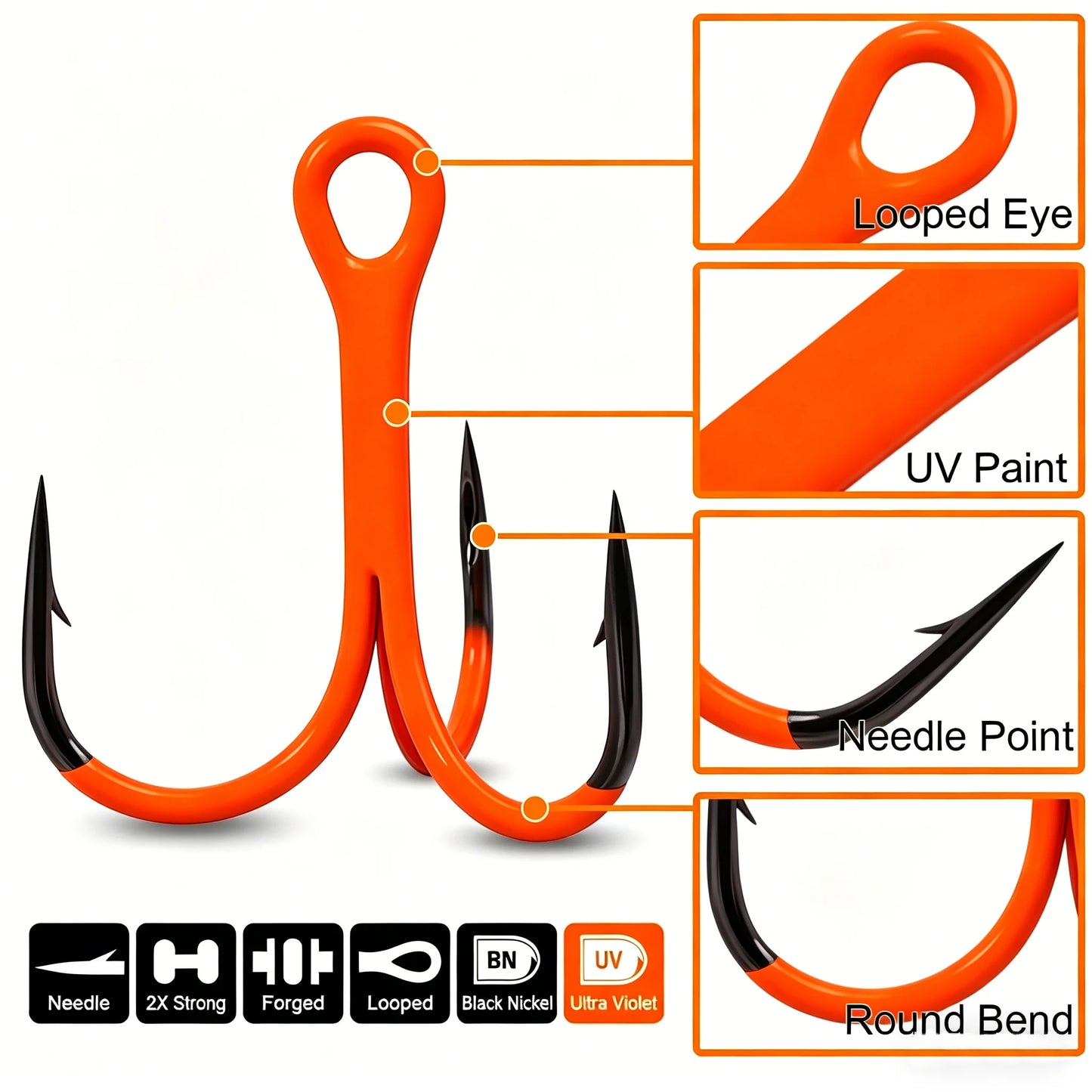 9KM Orange UV Treble Hooks | 2X Strong Replacement Triple Hooks | 5–10pcs