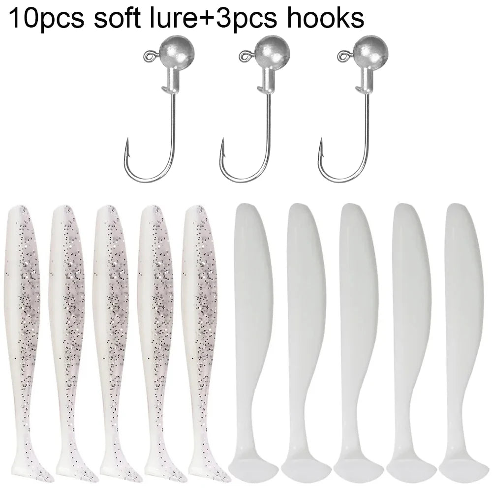 Soft Plastic Lure Kit | 10pcs T-Tail Worms + 3 Jig Heads | 5.5cm–10cm Swimbait Set