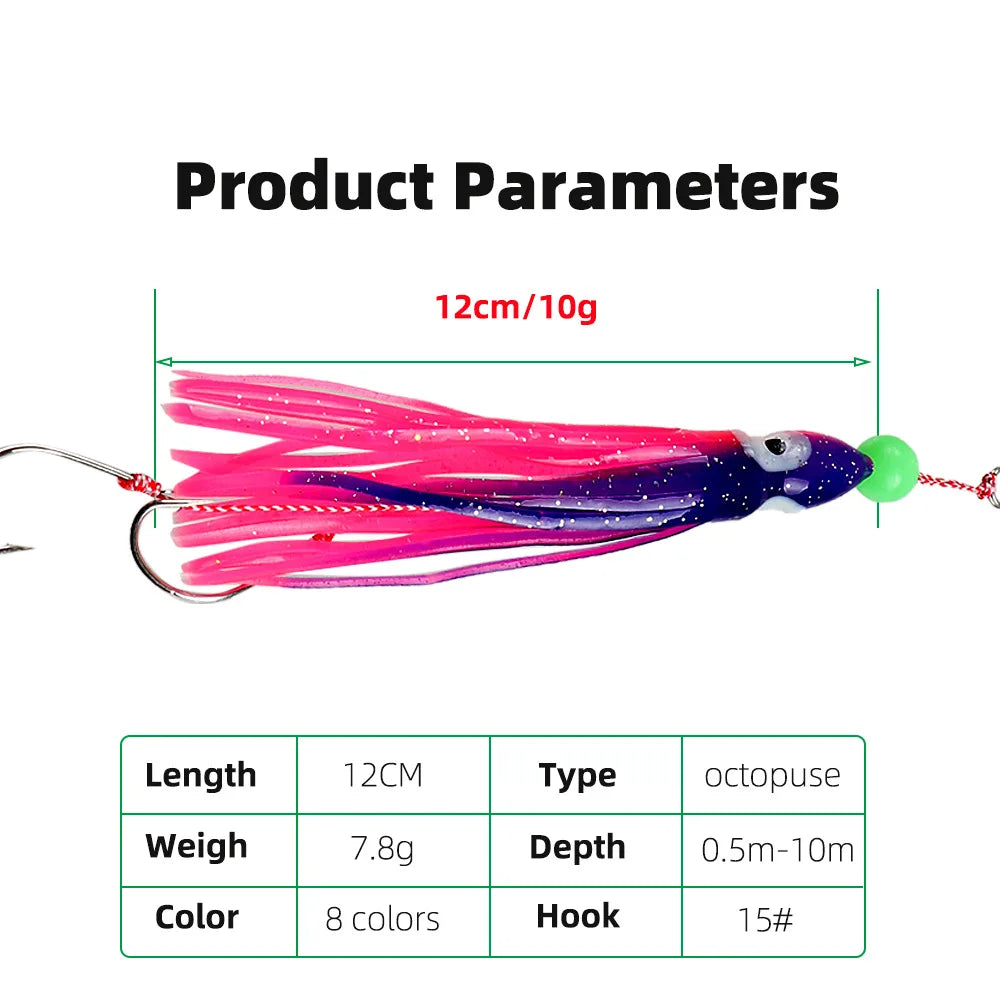 12cm Squid Jig Lure | 10g Octopus Skirt Bait with Double Hook | Saltwater Fishing Lure