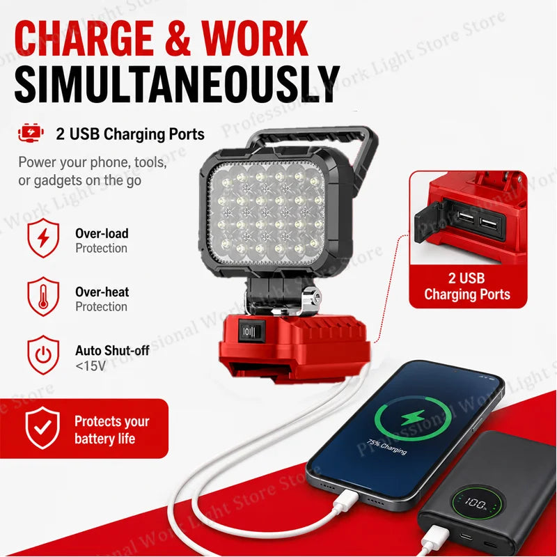 18V Battery LED Work Light For Milwaukee | Portable Jobsite & Fishing Lamp | Tool Battery Powered