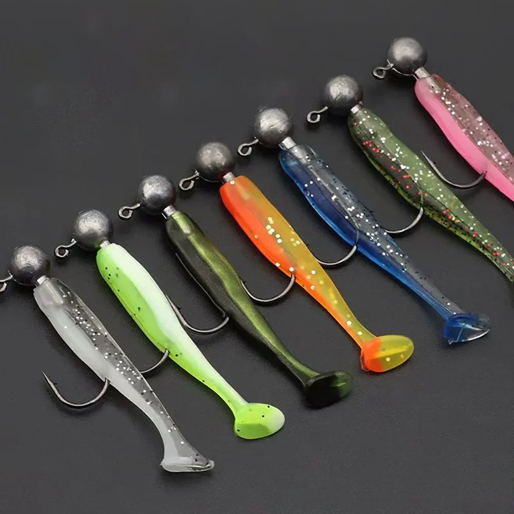 Soft Plastic Lure Kit | 10pcs T-Tail Worms + 3 Jig Heads | 5.5cm–10cm Swimbait Set