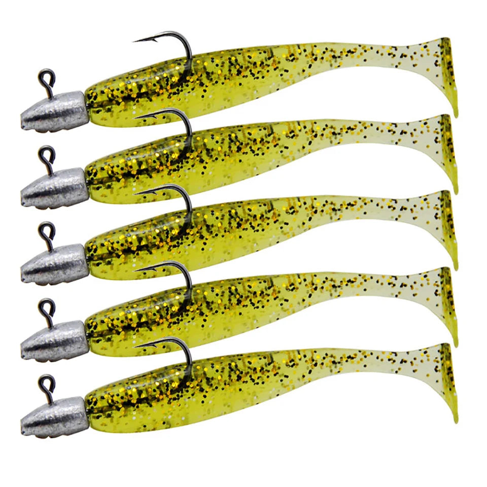 5pcs T-Tail Soft Lure Set with Jig Heads | Paddle Tail Swimbaits | Pre-Rigged Fishing Lures