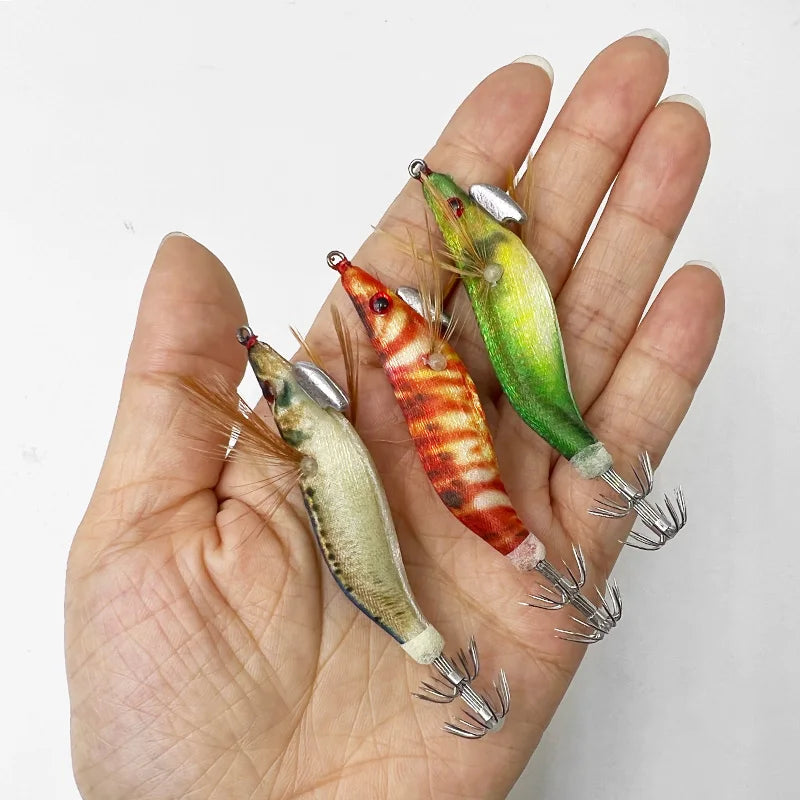 ShareShark Luminous Wooden Shrimp Squid Jigs | 10-Pack | 3D Eye Hard Squid Lures