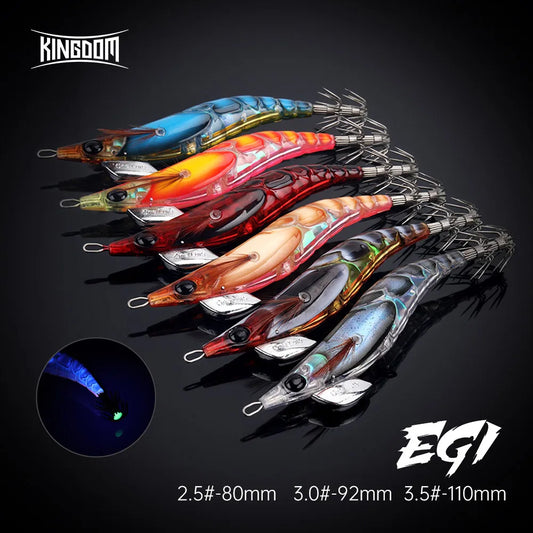 Kingdom EGI Squid Jig | Slow-Sinking Luminous Squid Lure | Wood Shrimp Style | Sizes 1.8–3.5