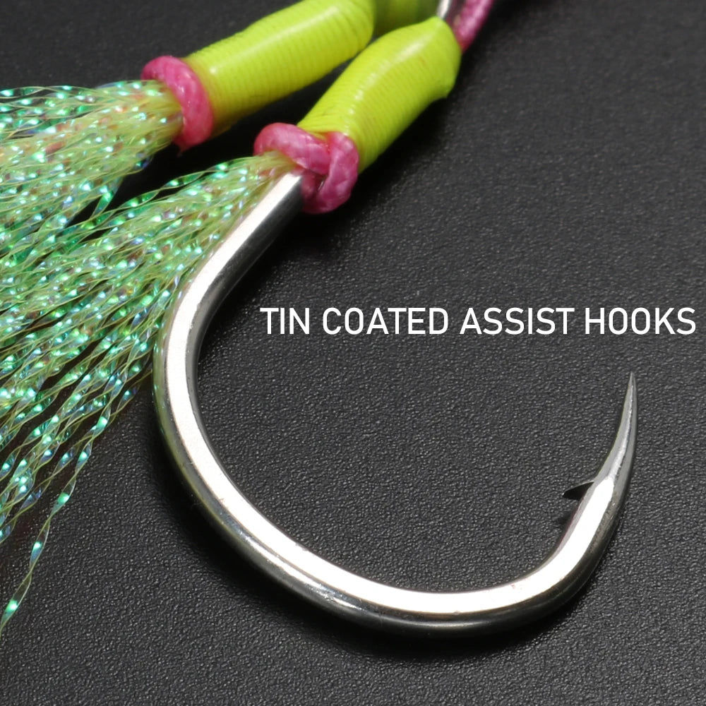 10 Pcs Double-Barbed Feathered Assist Hooks – Twin Jigging Hooks (Sizes 20# & 22#)