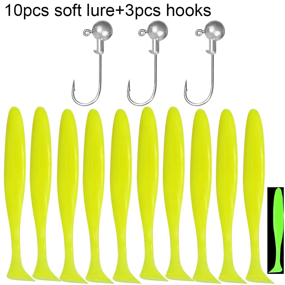 Soft Plastic Lure Kit | 10pcs T-Tail Worms + 3 Jig Heads | 5.5cm–10cm Swimbait Set