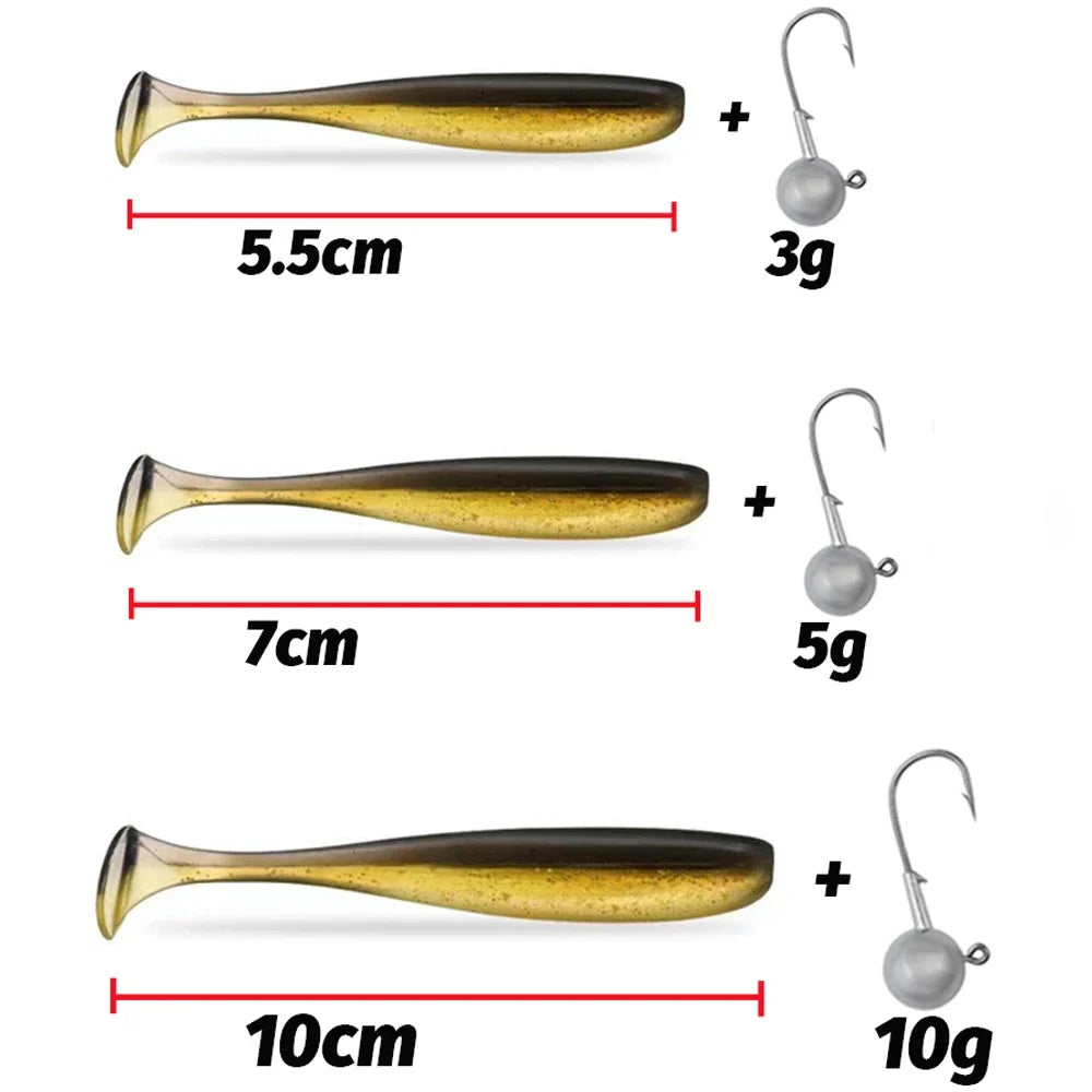 Soft Plastic Lure Kit | 10pcs T-Tail Worms + 3 Jig Heads | 5.5cm–10cm Swimbait Set