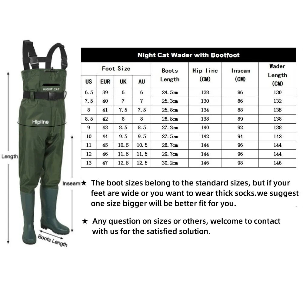 Night Cat Waterproof Chest Waders with Boots | Lightweight Fishing Waders | Sizes AU 6–13