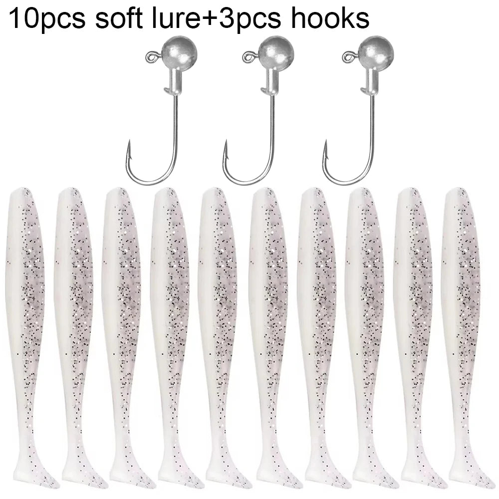 Soft Plastic Lure Kit | 10pcs T-Tail Worms + 3 Jig Heads | 5.5cm–10cm Swimbait Set