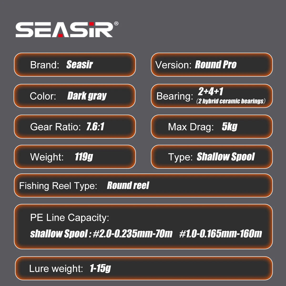 SEASIR Round Pro BFS Baitcasting Reel | 7.6:1 Ultralight Carbon Reel | 5kg Drag | 119g