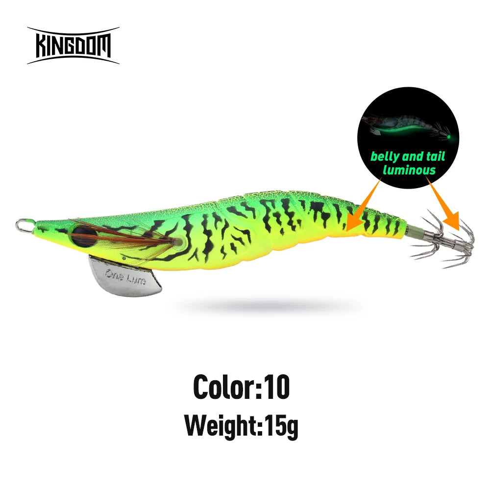 Kingdom EGI Squid Jig | Slow-Sinking Luminous Squid Lure | Wood Shrimp Style | Sizes 1.8–3.5