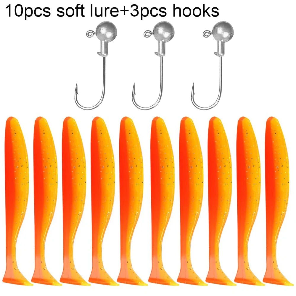 Soft Plastic Lure Kit | 10pcs T-Tail Worms + 3 Jig Heads | 5.5cm–10cm Swimbait Set