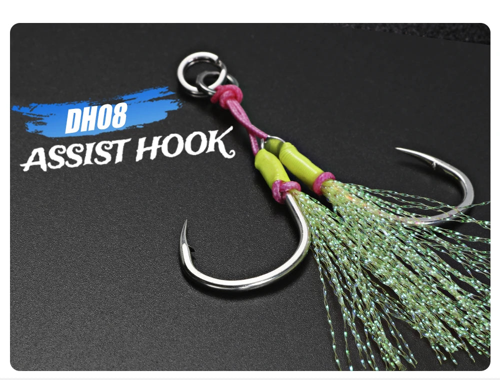 10 Pcs Double-Barbed Feathered Assist Hooks – Twin Jigging Hooks (Sizes 20# & 22#)