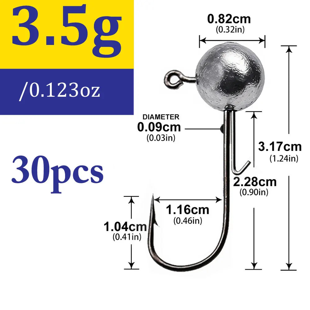 30-Piece Jig Head Hook Set | 1–20g Assorted Weights | Soft Plastic Fishing Hooks