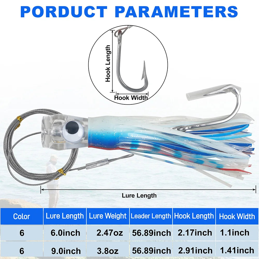 Offshore Squid Skirt Trolling Lures (6-Pack) | Deep Sea Big Game Set