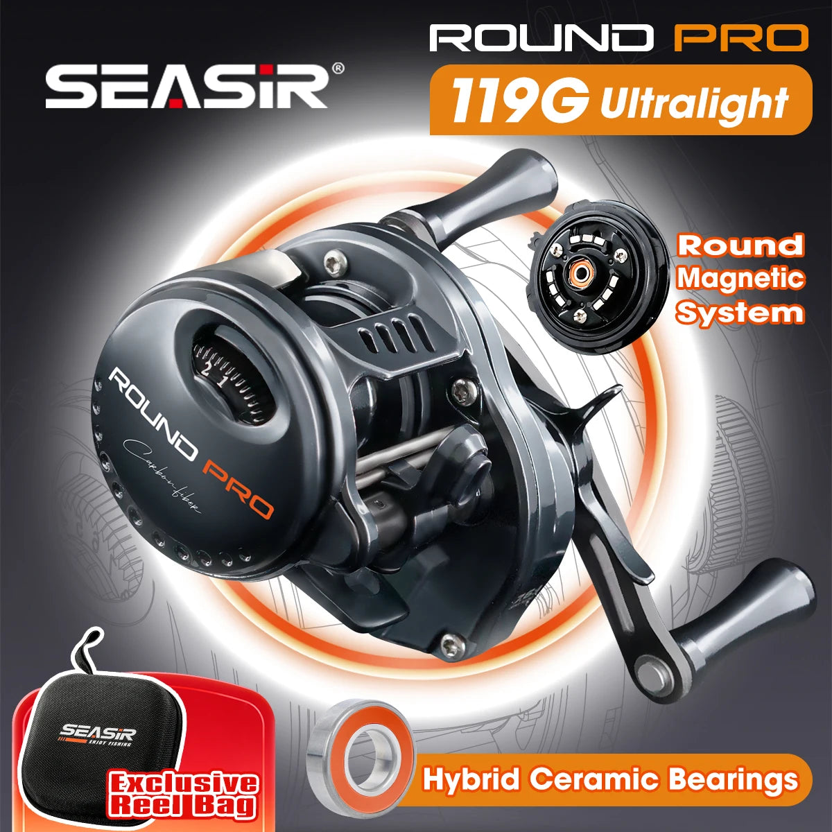 SEASIR Round Pro BFS Baitcasting Reel | 7.6:1 Ultralight Carbon Reel | 5kg Drag | 119g