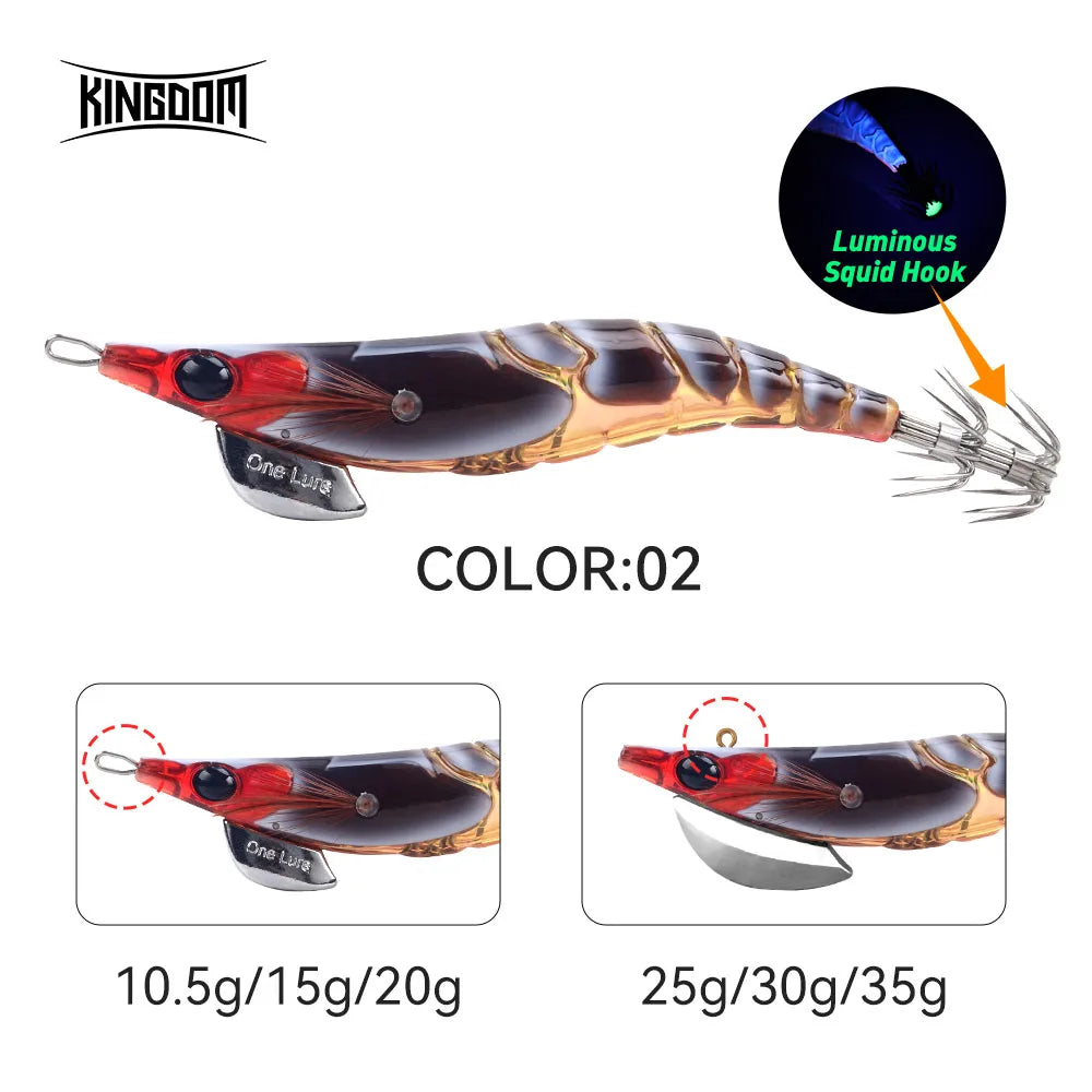 Kingdom EGI Squid Jig | Slow-Sinking Luminous Squid Lure | Wood Shrimp Style | Sizes 1.8–3.5