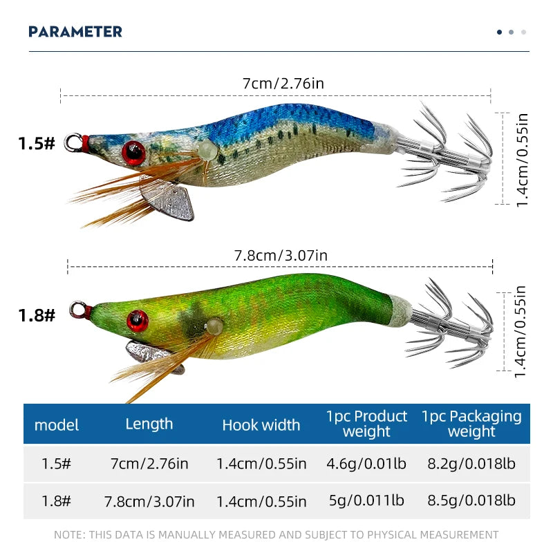 ShareShark Luminous Wooden Shrimp Squid Jigs | 10-Pack | 3D Eye Hard Squid Lures