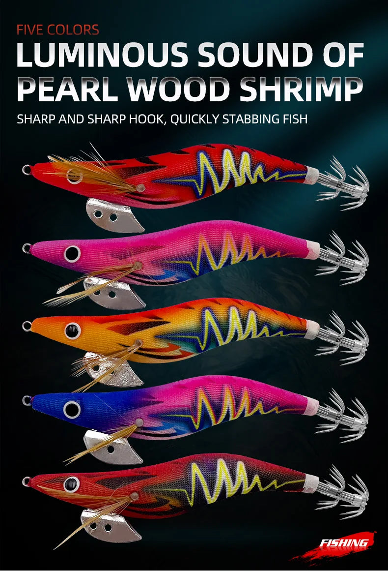 ShareShark Luminous Squid Jigs | 5-Pack | 13.2cm 20g | 3.5# Shrimp-Style Hardbody Lures