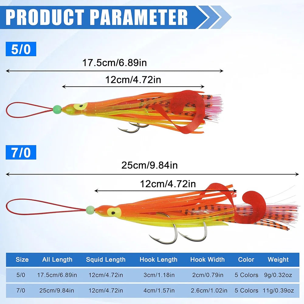 5pcs Squid Rig Jigging Lure Set | Octopus Skirt Baits with Double Assist Hooks | Offshore Fishing Lures