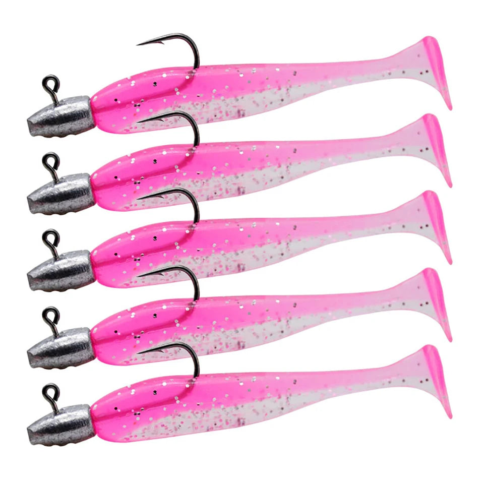 5pcs T-Tail Soft Lure Set with Jig Heads | Paddle Tail Swimbaits | Pre-Rigged Fishing Lures