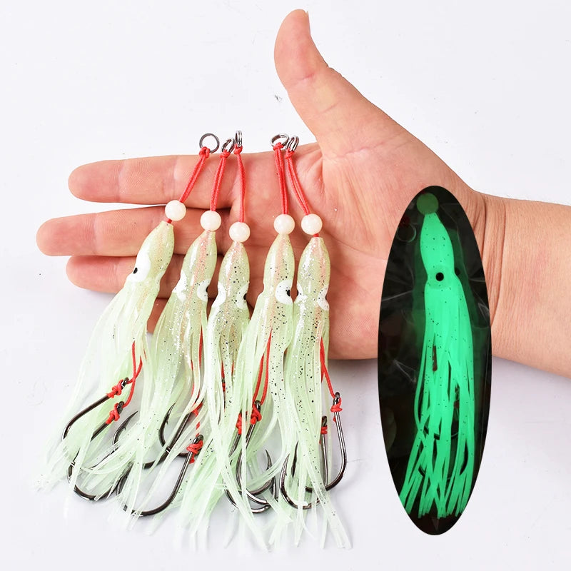 6-Piece Soft Squid Assist Hook Set – 12 cm / 5.5 g Silicone Skirt Rigs (15# Double Hooks, Saltwater)