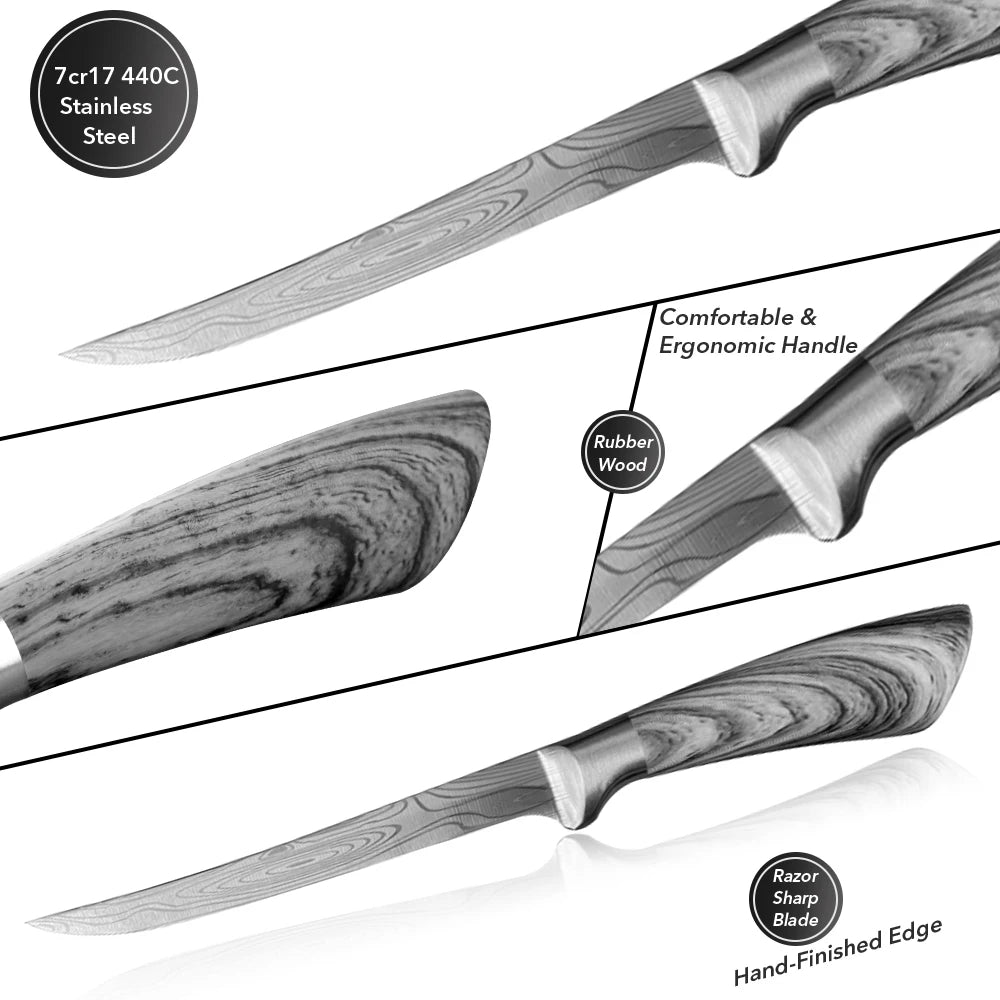 Stainless Steel Fishing & Fillet Knife | 6” / 7” / 8” | Damascus-Style Finish