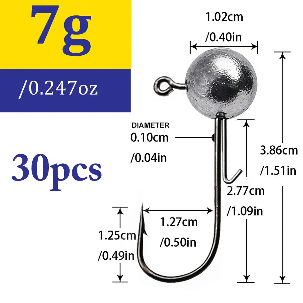 30-Piece Jig Head Hook Set | 1–20g Assorted Weights | Soft Plastic Fishing Hooks