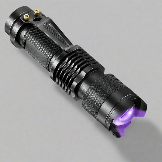 Black UV flashlight with purple light emitting, surrounded by images of objects under UV light.